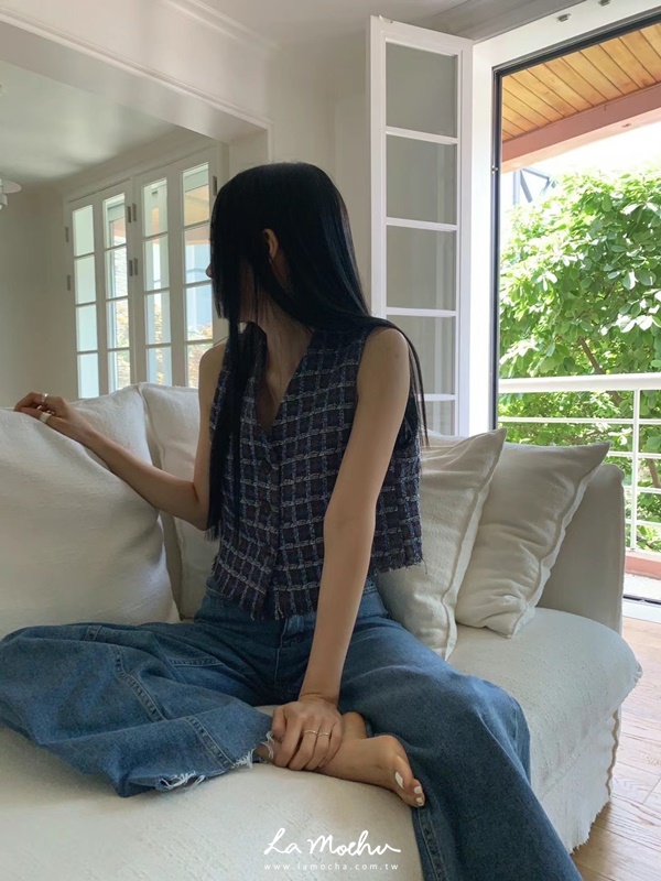 不收邊排釦小香格紋背心